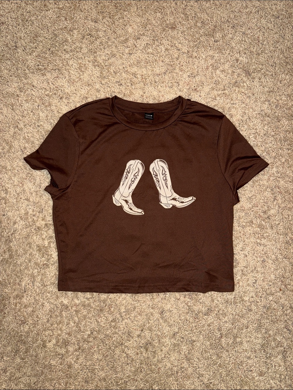 SHEIN Brown Crop Tee with Cream Cowboy Boot Graphic